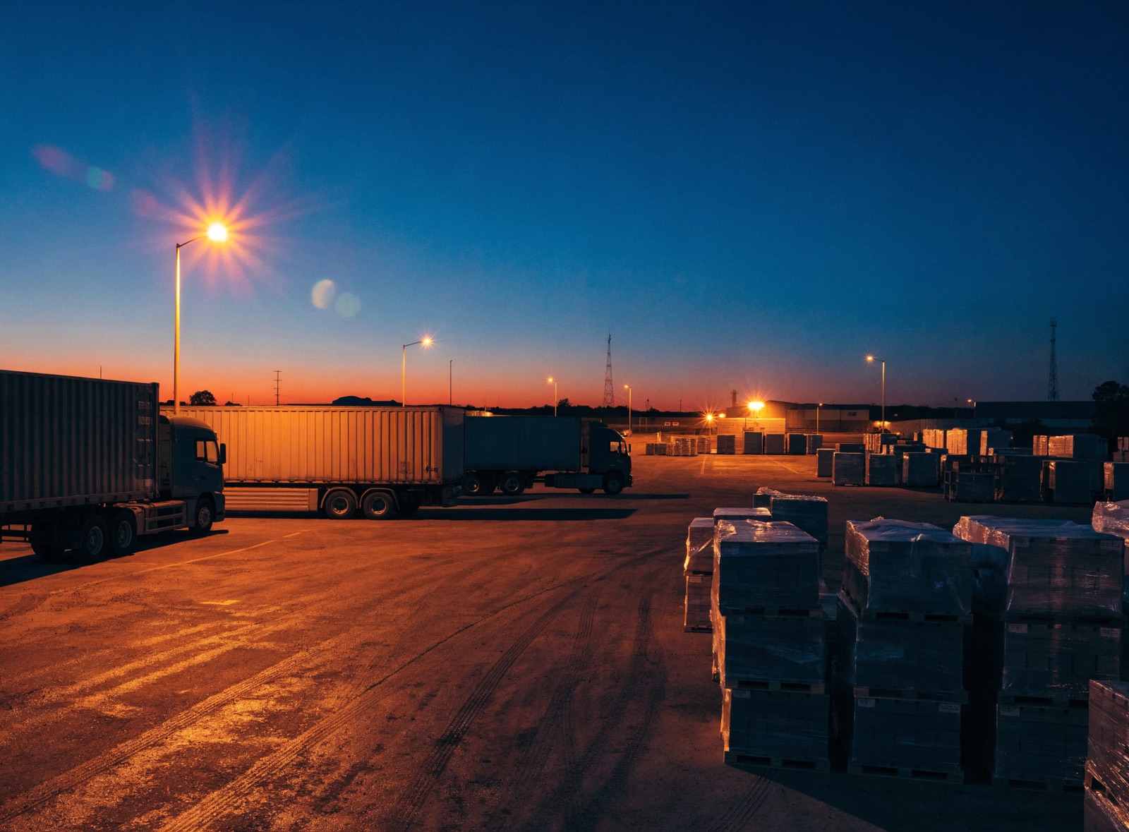 A freight depot at dusk with trucks and wrapped pallets under the yard lights